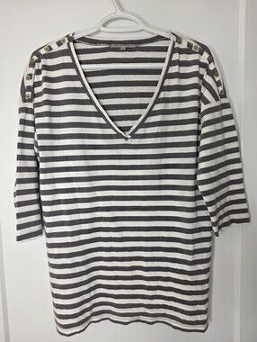 Vintage GAP Striped V-Neck Button Shoulder Top - Gray & White SZ M